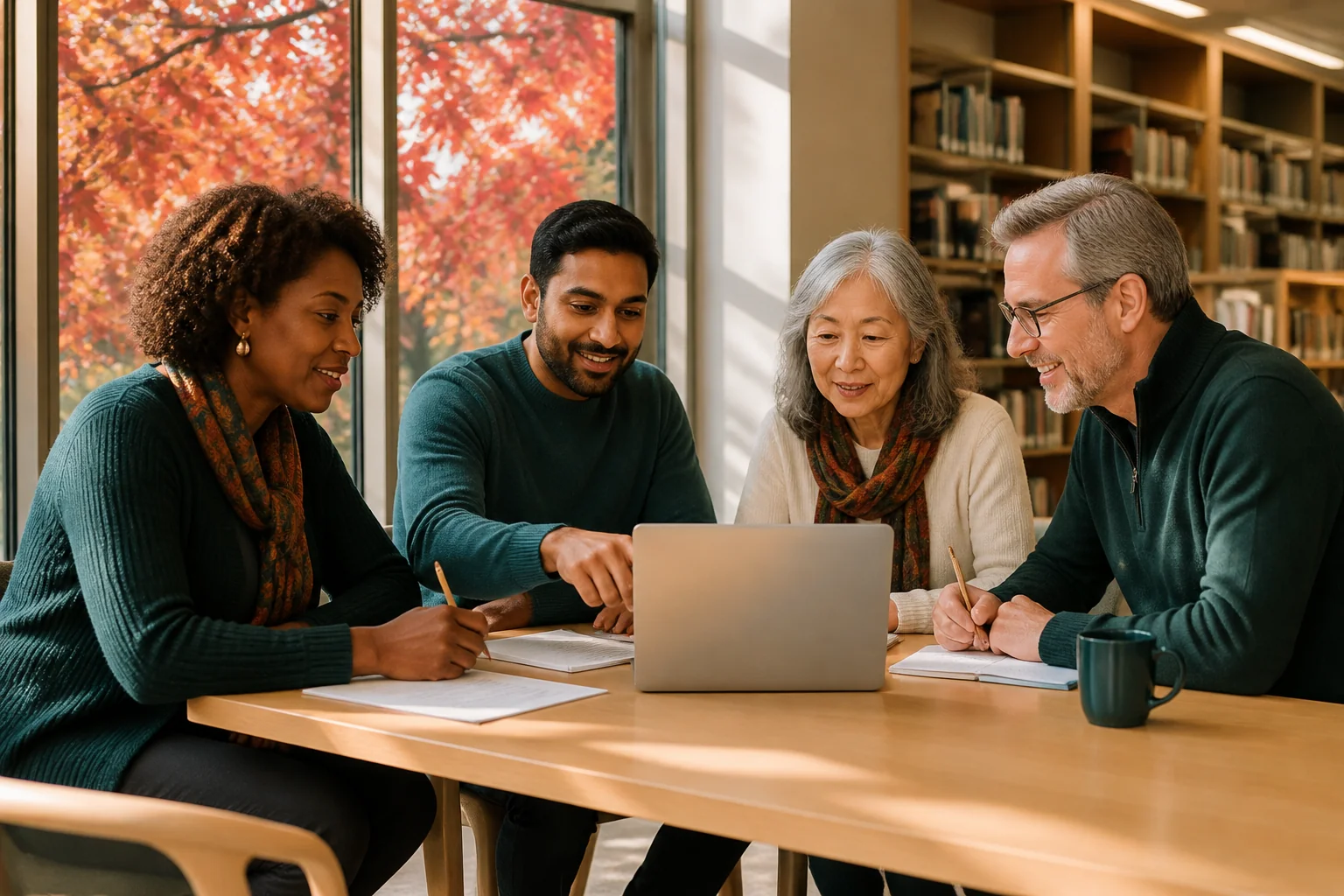 Illustration of four adults exploring information together around a laptop.