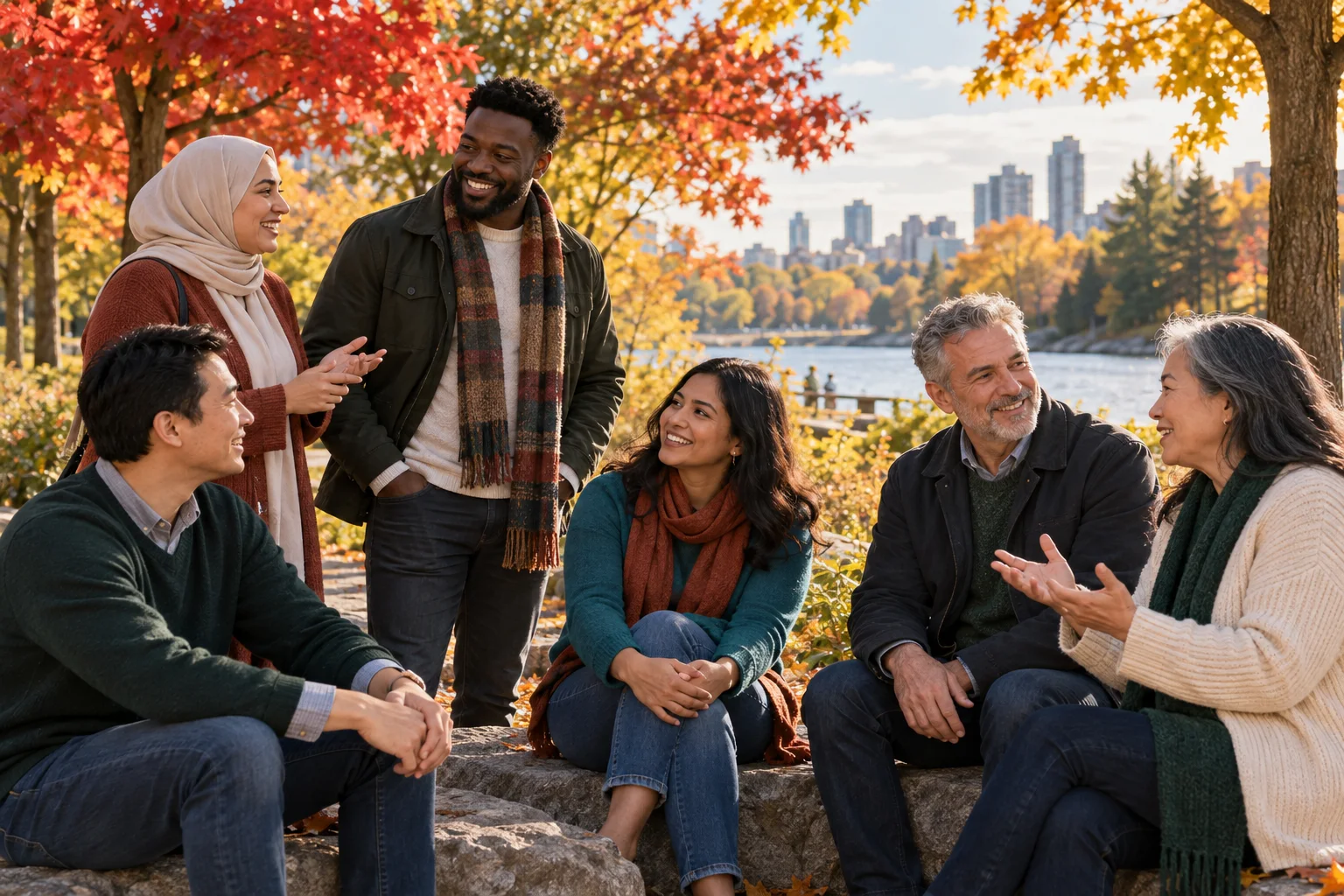 Illustration of adults from varied cultural backgrounds enjoying a conversation in a maple-lined park
