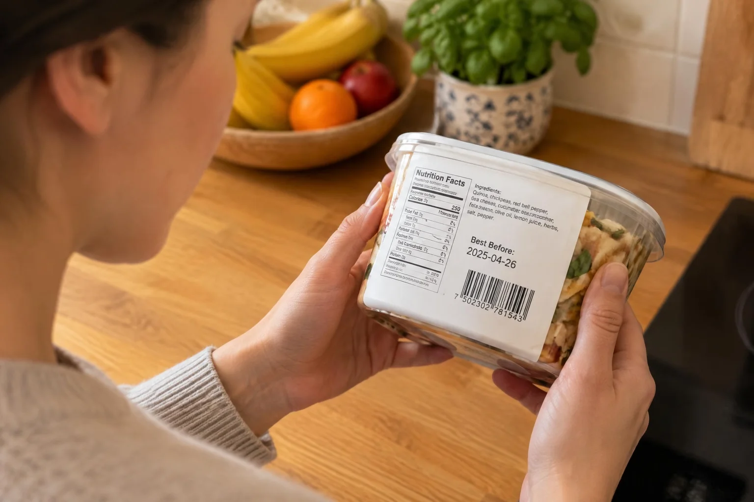 AI-generated photographic scene: a person reading a food expiration date label on a product in a kitchen.