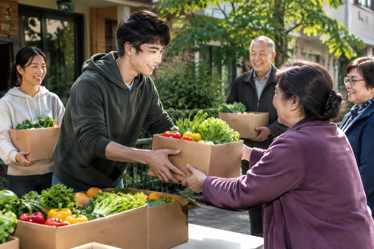 AI-generated photographic scene: sharing surplus food with neighbors.