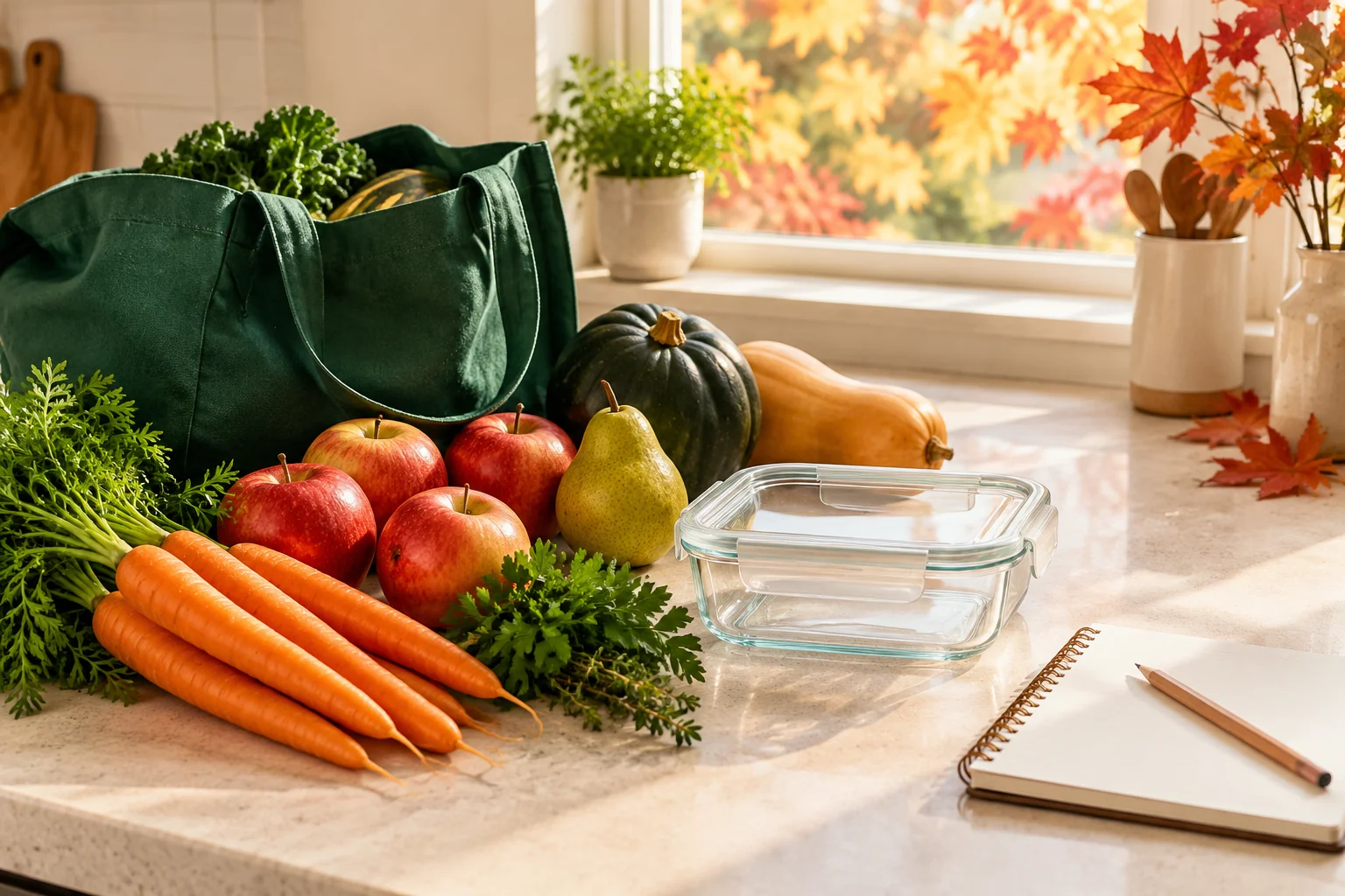 AI-generated illustration of fresh produce, a reusable bag, a sealed empty container and a blank meal-planning notebook in a sunlit kitchen.