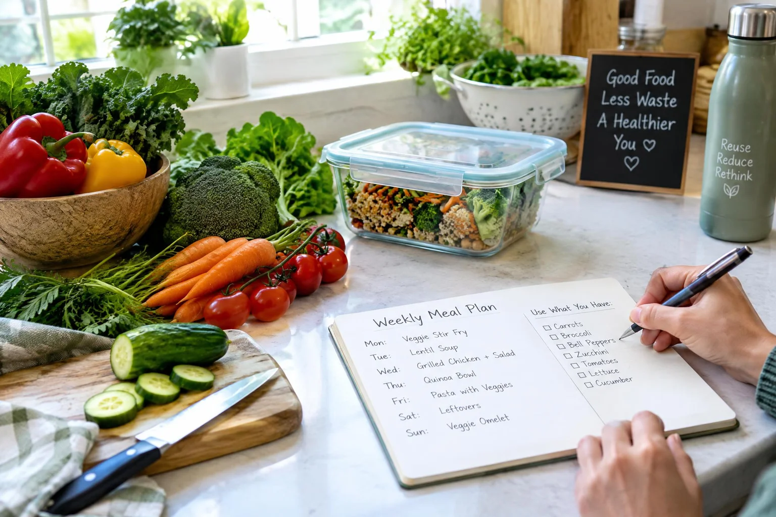 AI-generated photographic scene: meal planning with fresh vegetables and a reusable container on a kitchen counter.