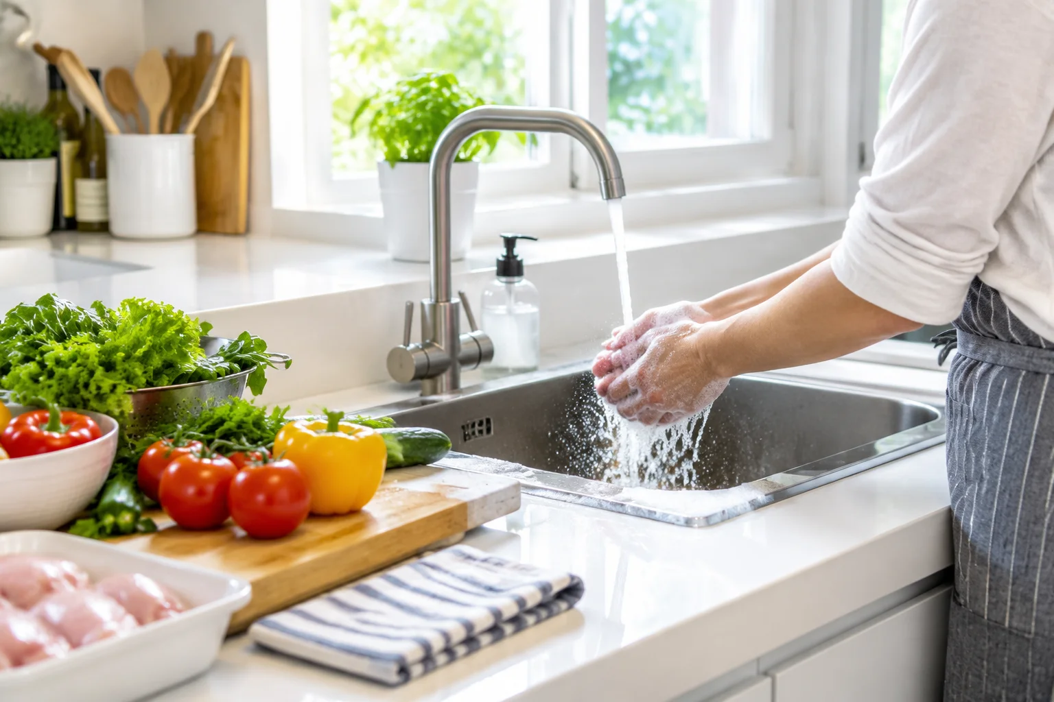 AI-generated photographic scene: safe food handling in a clean kitchen.