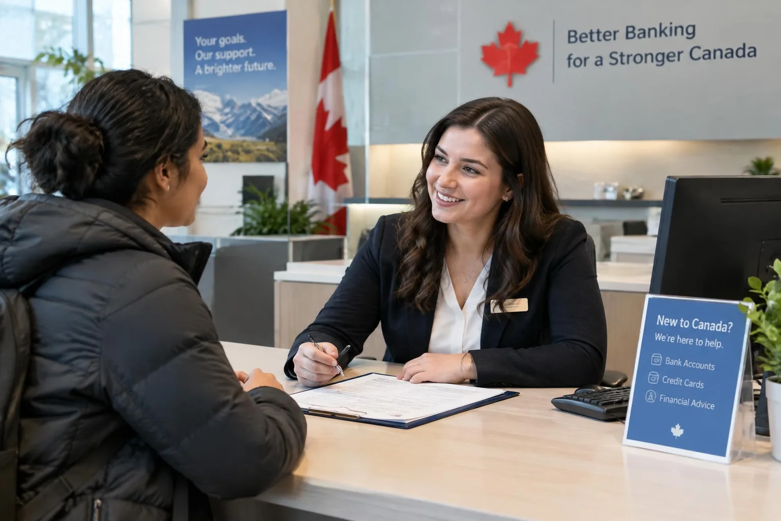 AI-generated photographic scene: a newcomer opening a bank account with a friendly bank representative at a modern Canadian bank branch.