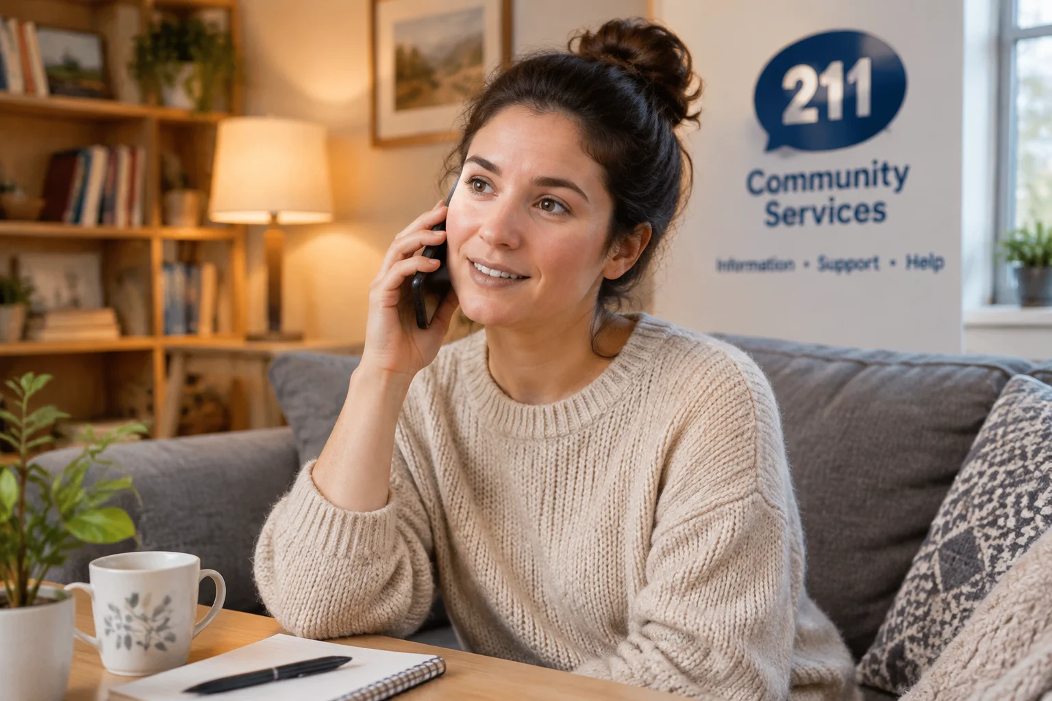 AI-generated photographic scene: a person making a phone call to 211 community services.