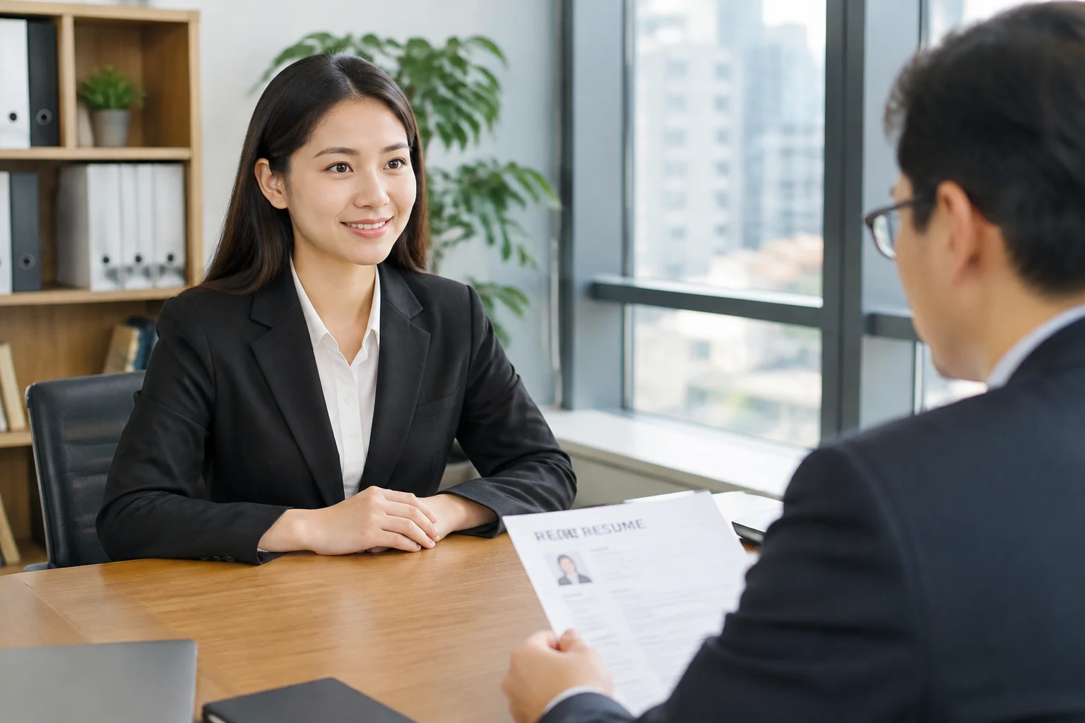 AI-generated photographic scene: a newcomer in a job interview.