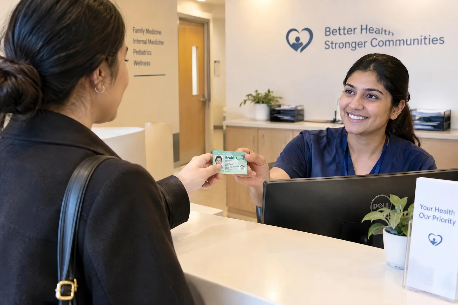 AI-generated photographic scene: a person presenting an Ontario health card at a clean modern clinic reception.