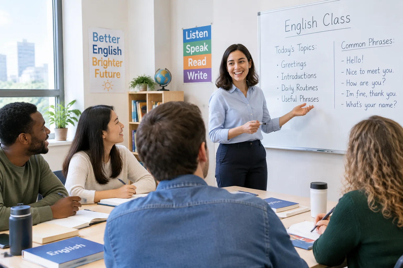 AI-generated photographic scene: diverse adults learning English in a bright classroom setting.