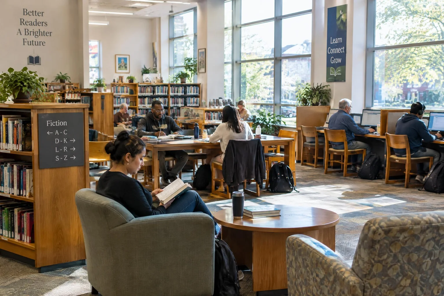 AI-generated photographic scene: a welcoming public library interior with diverse adults reading and using computers.