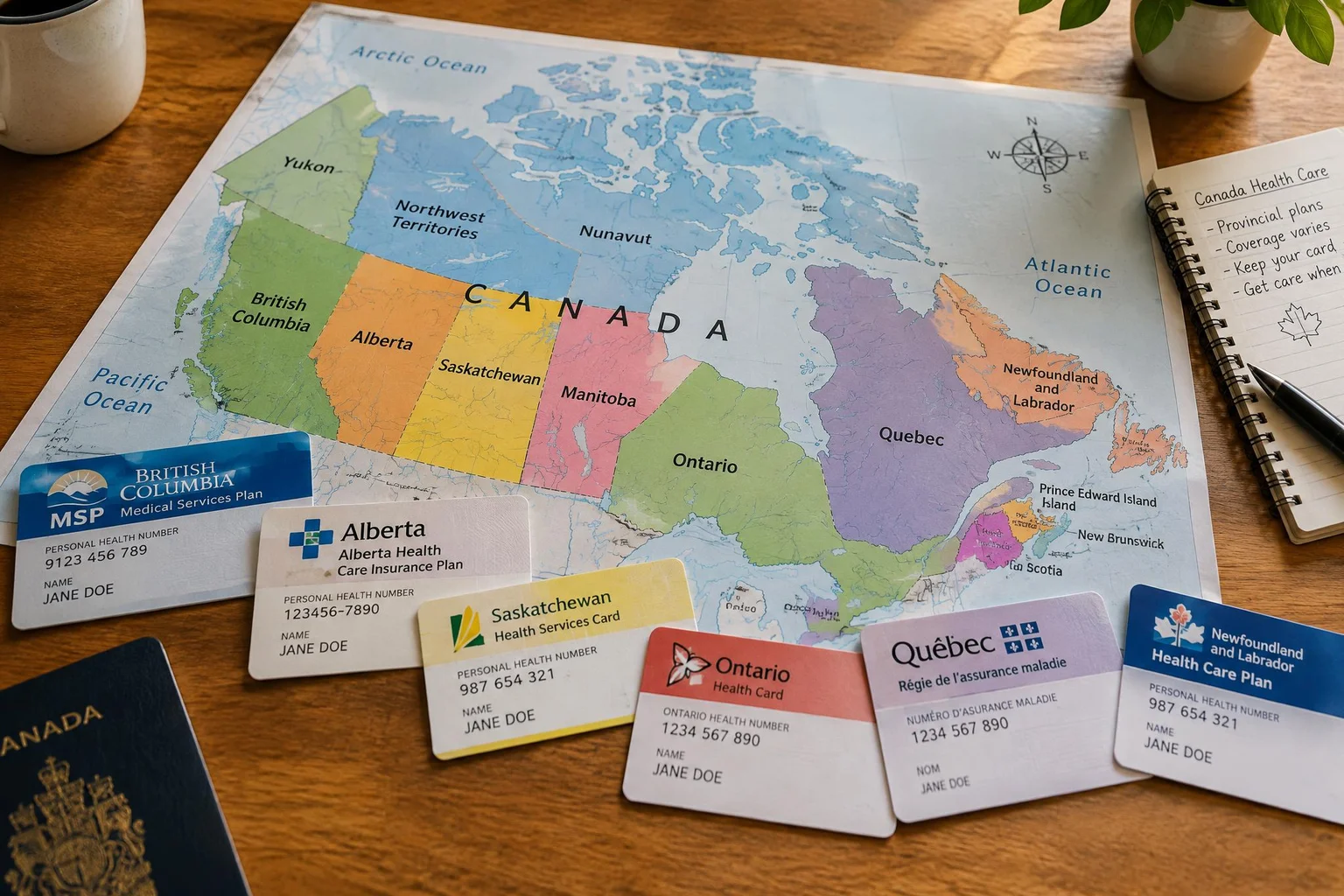 AI-generated photographic scene: a map of Canada on a table with health insurance cards from different provinces.