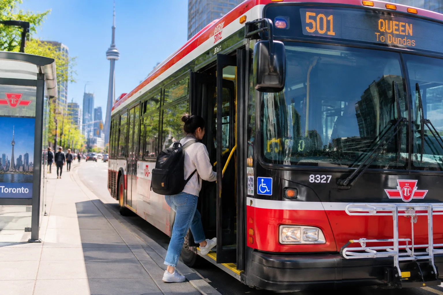 AI-generated photographic scene: a newcomer boarding a Toronto TTC bus on a sunny morning.