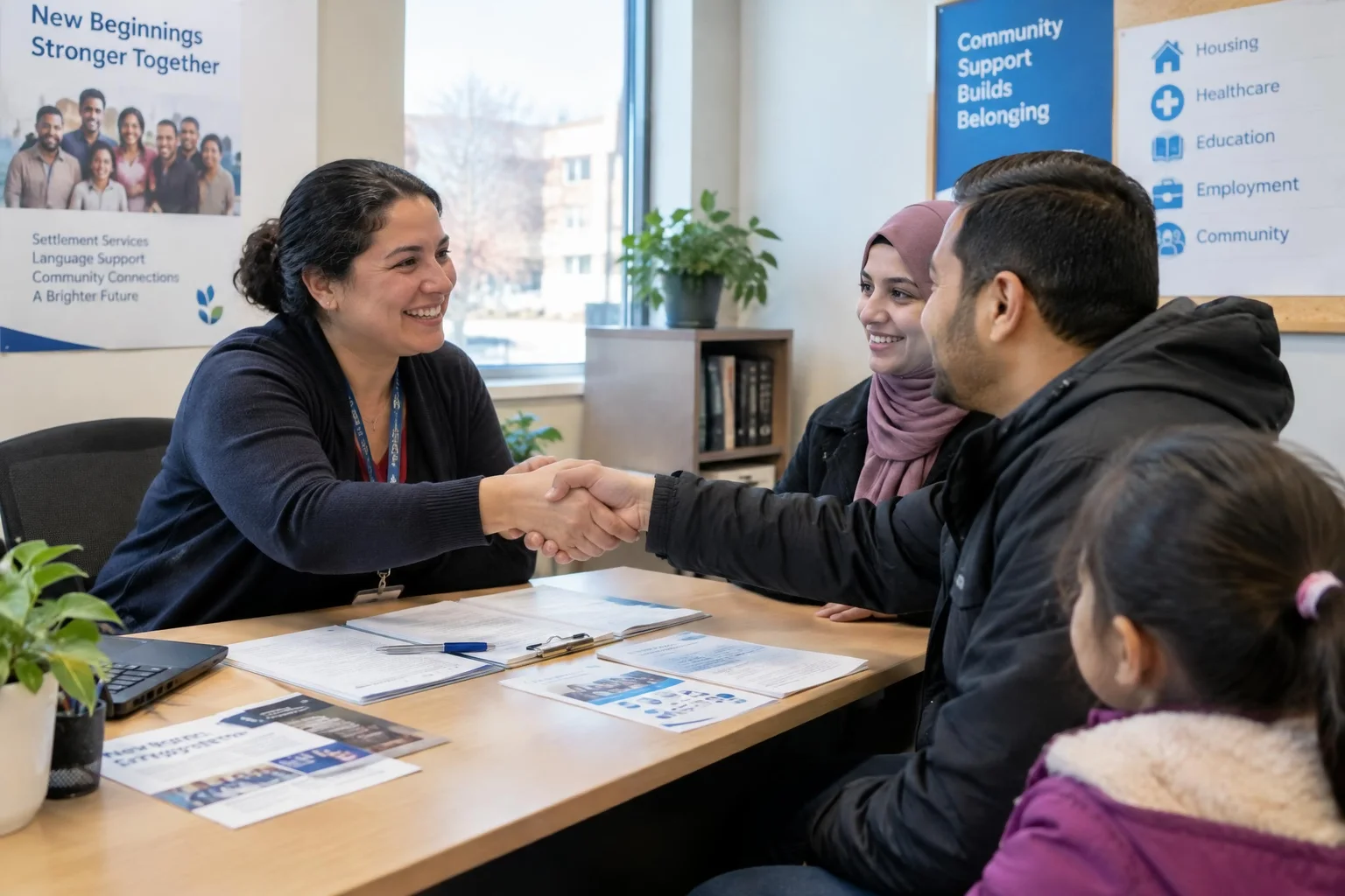 AI-generated photographic scene: a settlement worker warmly greeting a newcomer family in a community office.