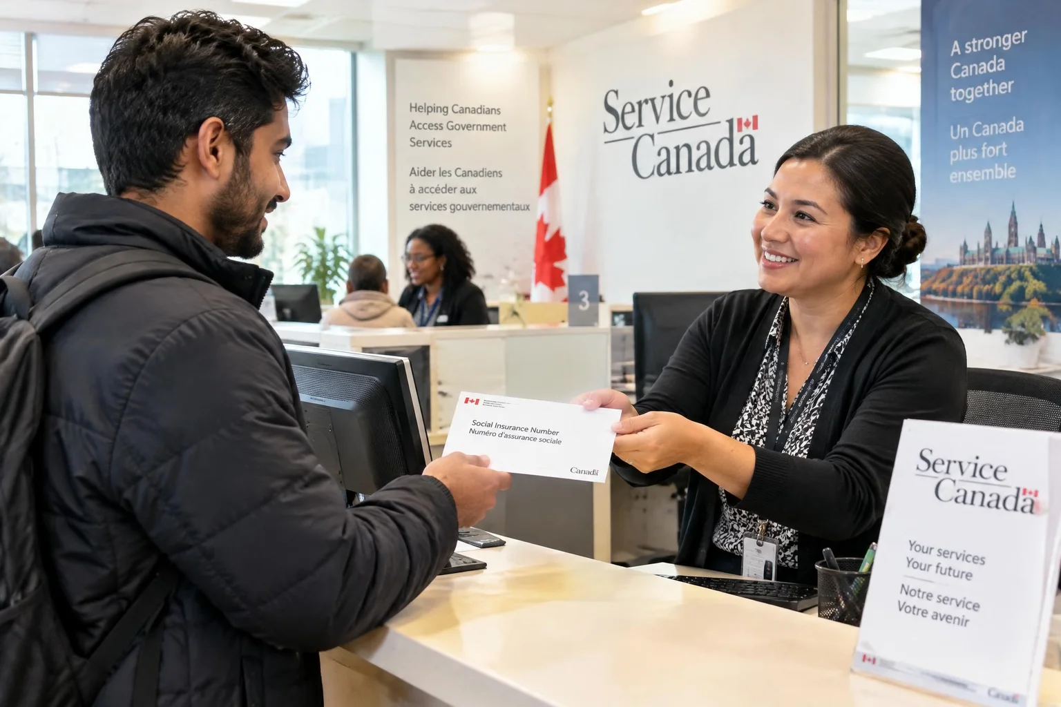 AI-generated photographic scene: a newcomer to Canada receiving a Social Insurance Number document at a bright Service Canada office.
