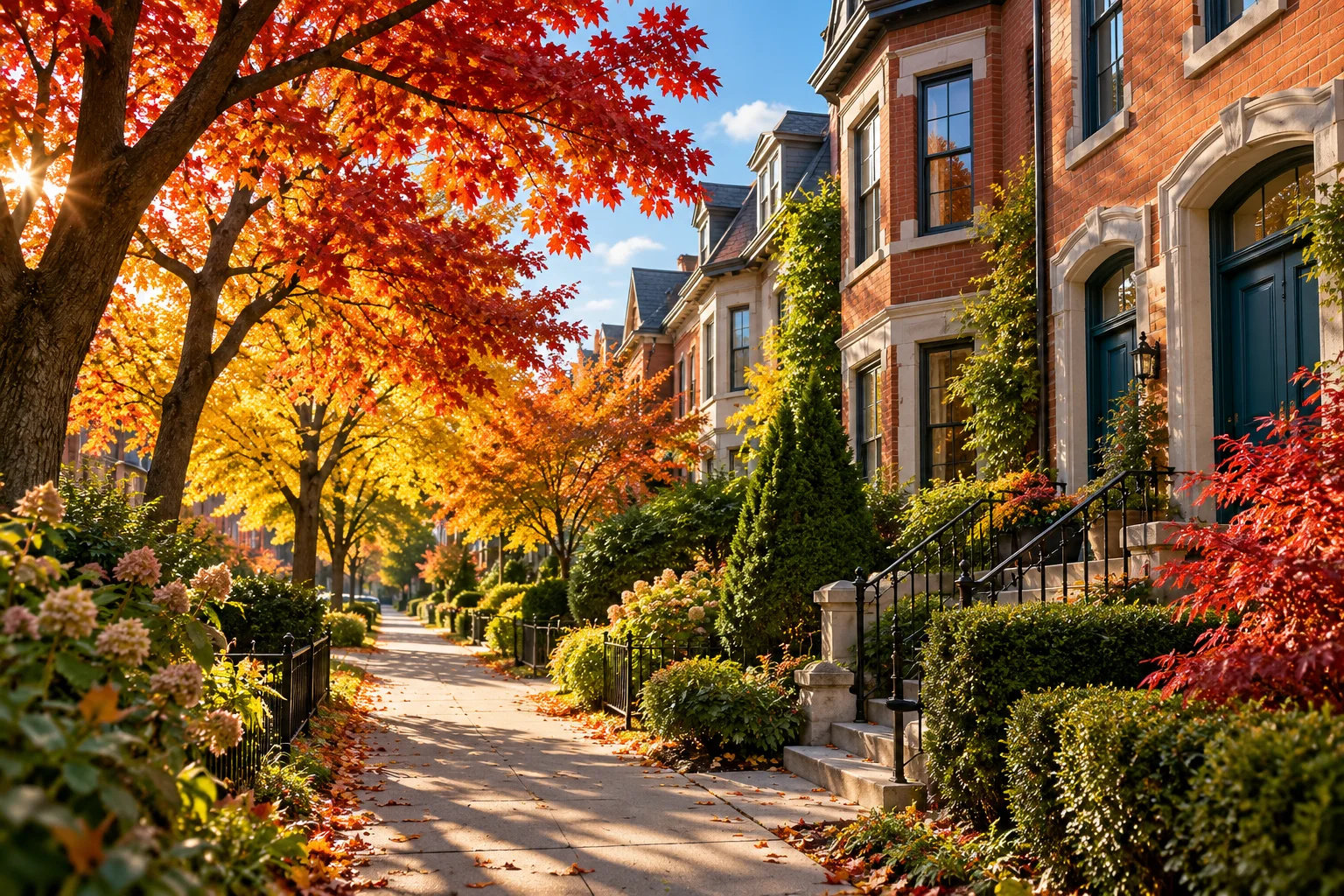 Sunlit maple trees lining an illustrative Canadian neighbourhood
